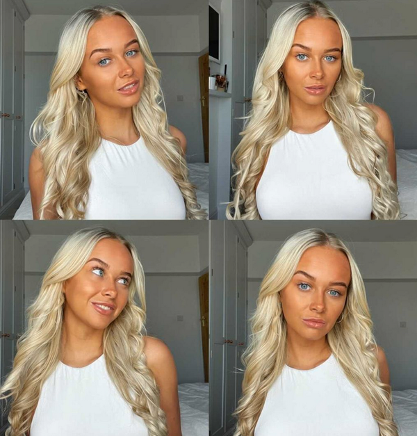 Helena wearing our 24" Deluxe Clips - Ash Blonde